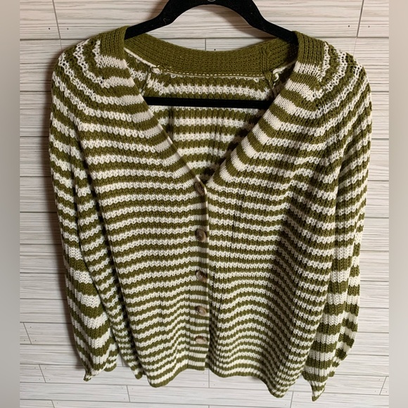 Sweaters - Striped Green and White Women's Sweater